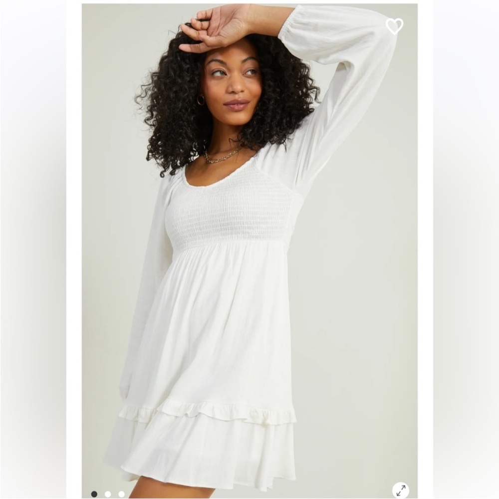 Altar’d State White Smocked Mini Dress Long Sleeve Ruffle‎ Hem Size Small